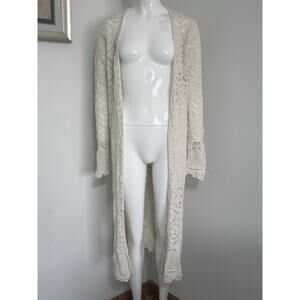 Freshman 1996 Women’s Cardigan Size M Cream Open Knit Crochet Long Duster Boho